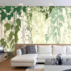 Hanging Vibrant Green Plant Vines Wallpaper, Watercolor Green Leaves Vine Wall Mural Wall Decor