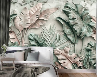 3D Green Leaves Mural Wallpaper: Living Room Botanical Wall Decor