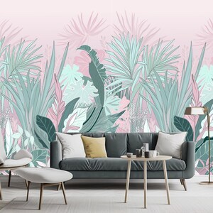 Tropical Pattern, Tropical Forest, Large Banana Leaves and Exotic Flowers Wallpaper Wall Mural