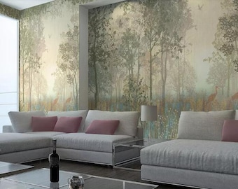 Hand Painted Forest Wallpaper Mural: Trees, Grass, Peacocks