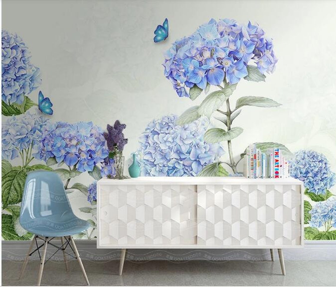 Several Hydrangea Floral Wallpaper Wall Mural Blue Purple | Etsy