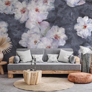 Abstract American Rustic Flowers Floral Wallpaper Wall Mural, Retro Vintage Gray Background White Flowers Living Room Bedroom Wall Decor