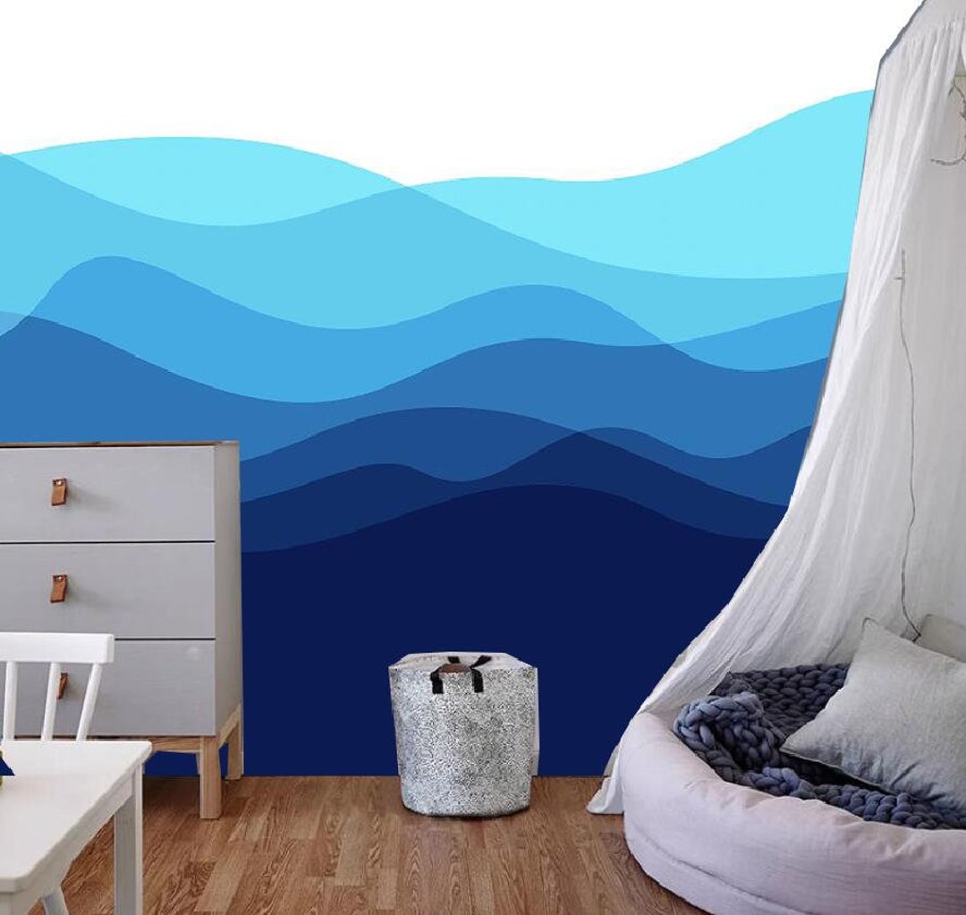 Ocean Blue Wave With Ripples Mountains Landscape Nursery Wallpaper Kids ...