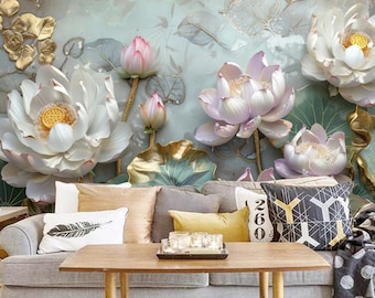 3D Lotus Blumen-Tapete Wandbild: Schälen und Aufkleben Blumen Wanddekor