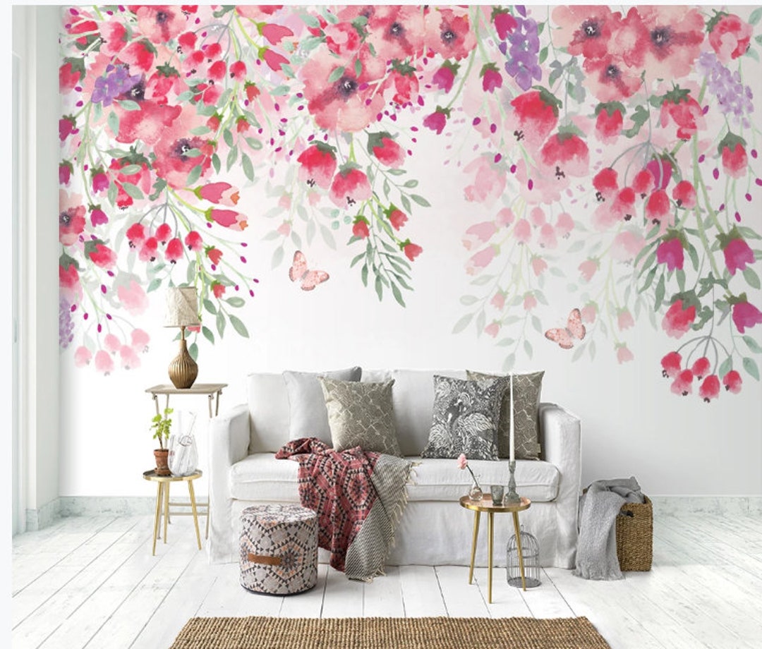 Watercolor Hanging Pink Roses Floral Wall Mural - Etsy