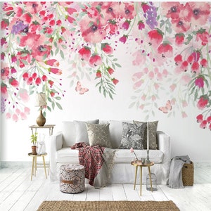 Watercolor Abstract Hanging Flowers Floral Wallpaper Wall Mural, Hanging Pink Roses Floral Wall Mural Wall Decor