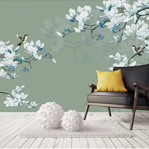 Chinoiserie Hanging Magnolia Blossoms Flowers Tree Wallpaper Wall Mural, Hanging Magnolia Branch Cherry Blossoms Floral Wall Mural