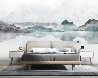 Abstract Ink Mountain Landscape Wall Mural: Misty Forest, Flying Birds