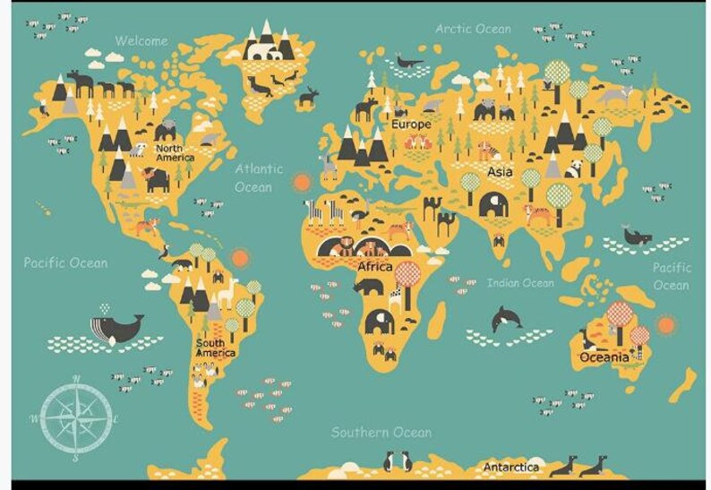 Hand Painted World Map Nursery Wallpaper Wall Mural World Map Etsy
