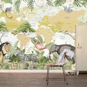 Papier peint carte du monde pour enfants avec animaux de safari, art mural pour chambre d'enfant, girafe, zèbre, lion, flamant rose, éléphant, jungle, papier peint carte du monde