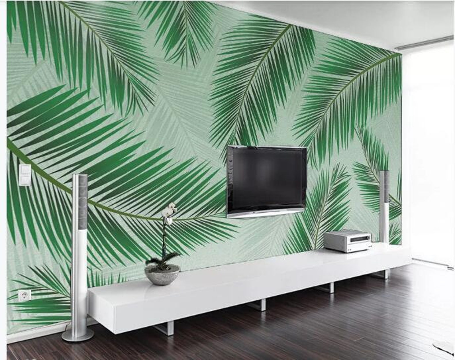 Modern Green Palm Tree Leaves Wallpaper Wall Mural Palm Etsy