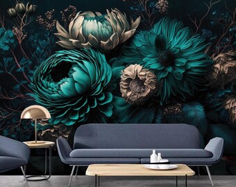 Papel tapiz floral verde azulado: Mural de pared de flores con textura melancólica