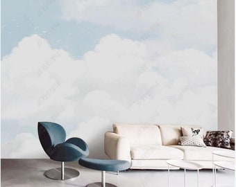 Simple Clouds Cloudy Wallpaper Wall Mural, White Clouds Blue Sky Wall Mural Decor