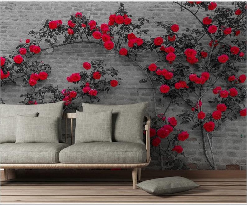 Vivid Grey Bricks with Red Rose Vine Wallpaper Wall Mural | Etsy