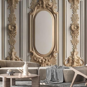 3D Luxury Wall Panels Wallpaper Wall Mural, Panels with Golden Mouldings Living Room Bedroom Wall Mural Wall Decor