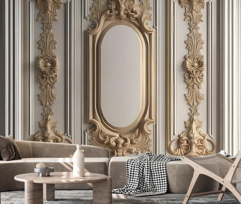 3D Luxury Wall Panels Wallpaper Wall Mural, Panels with Golden Mouldings Living Room Bedroom Wall Mural Wall Decor