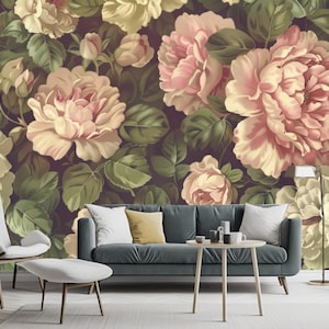 Vintage Floral Pattern Muted Pink Green Wallpaper, Peonies Flowers Floral Wall Mural, Peel and Stick, Removable Wallpaper Wall Decor
