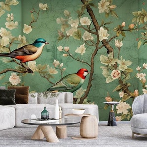 Oil Painting Green Background Flowers and Birds Wallpaper Wall Mural, Flowers Background Wallpaper Wall Mural
