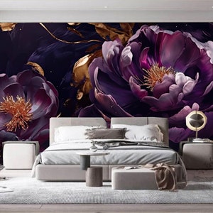 Dark Color Peony Flowers Wallapper, Peonies Floral Wall Mural Wall Decor