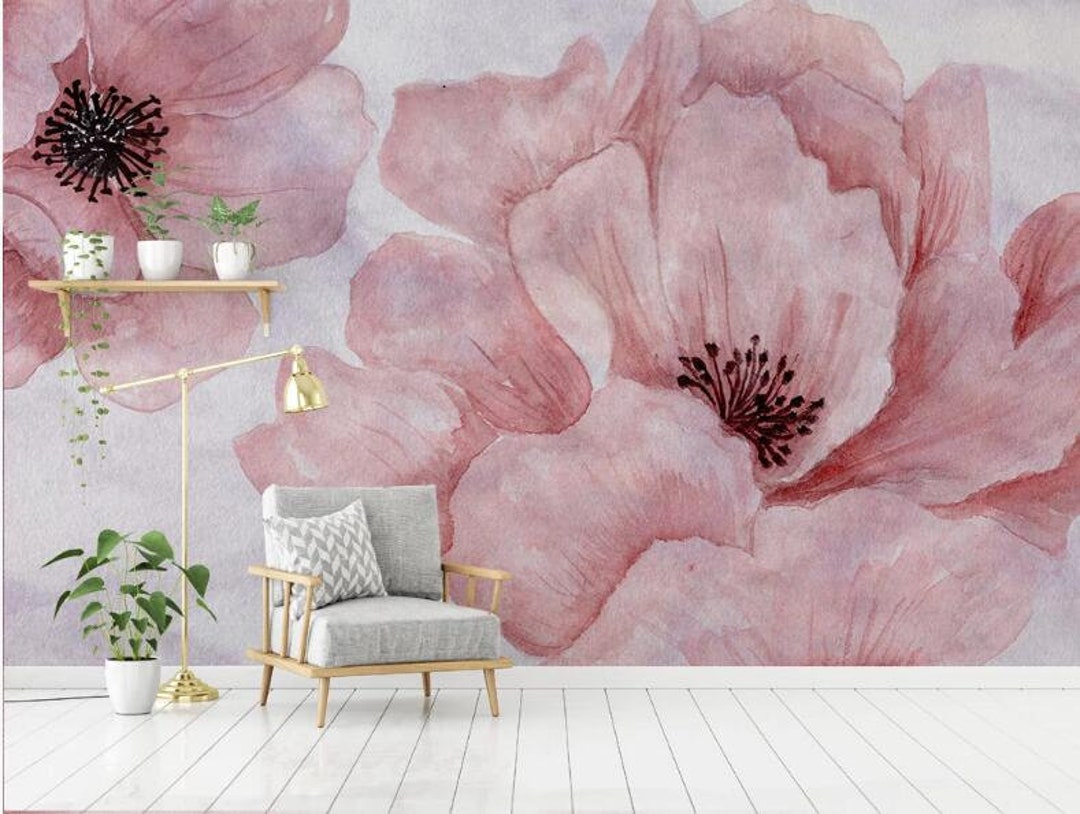 Pink Blossom Floral Wallpaper Mural: Watercolor Flower Wall Decor - Etsy