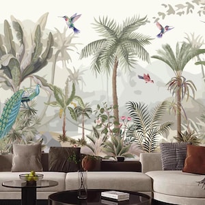 Palazzo Wallpaper, Tropical Rainforest Wallpaper, Watercolor Painting Animals, Birds, Landscape Wall Mural