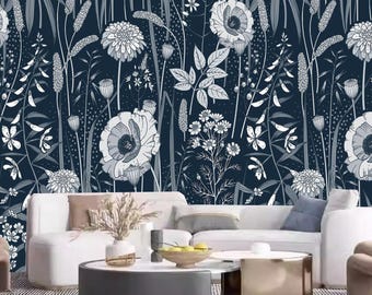 Navy Blue Floral Wallpaper: Vintage Wildflower Wall Mural