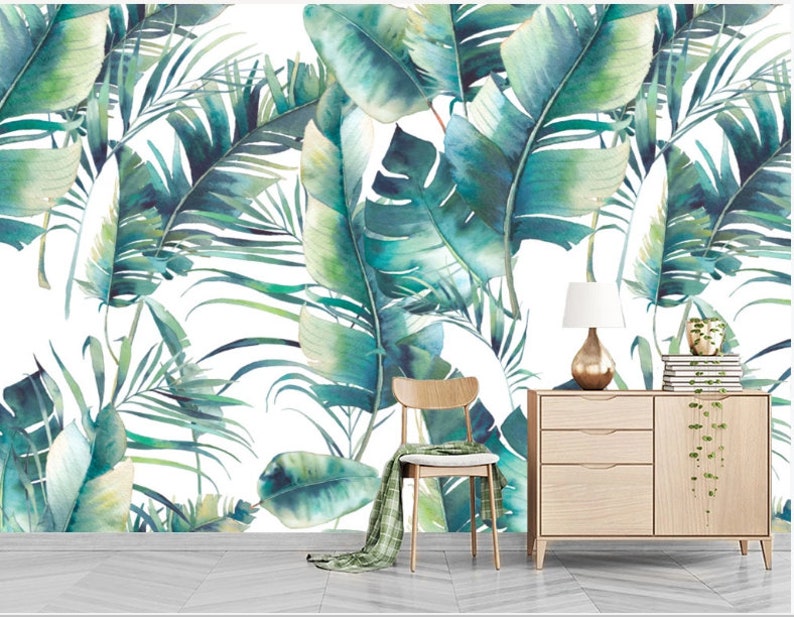 Green Tropical Plants Wallpaper Wall Mural Watercolor Green Etsy