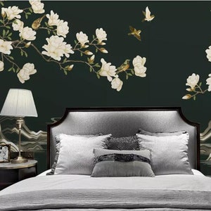 Magnolia Blossom Chinoiserie Wallpaper Mural: Birds, Dark Green