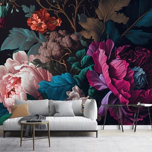 Vintage Dark Floral Wallpaper: Bedroom Living Room Wall Mural