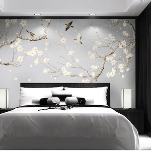 Magnolia & Birds Wall Mural: Fine Brushwork Floral Wallpaper