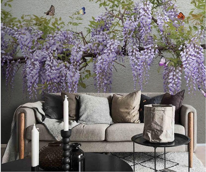 Beautiful 3D Purple Wisteria Wallpaper Wall Mural Hanging 3D Etsy