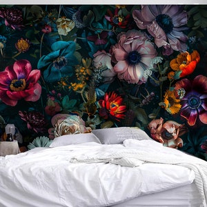 Carta da parati floreale scura: decorazione murale vintage staccabile e attaccabile