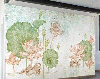 Lotus Blumen Wandbild: Handgemalte florale Tapete