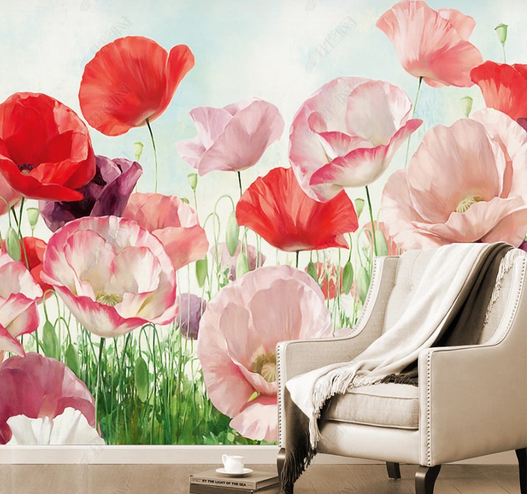 Poppy Flower Wall Mural: Vibrant Red & Pink Floral Wallpaper - Etsy