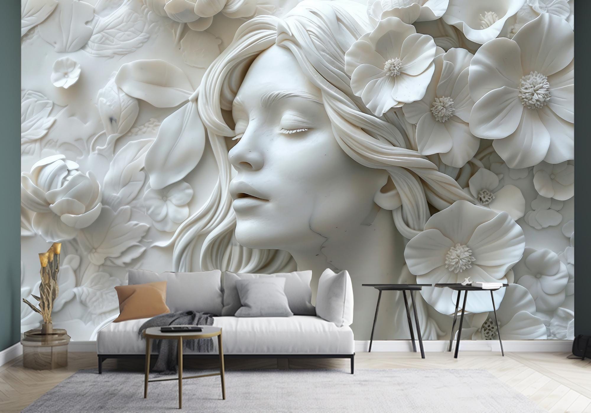3D Relief Woman and Flowers Background Wallpaper, Woman Face with Flowers Wall Mural Wall Decor