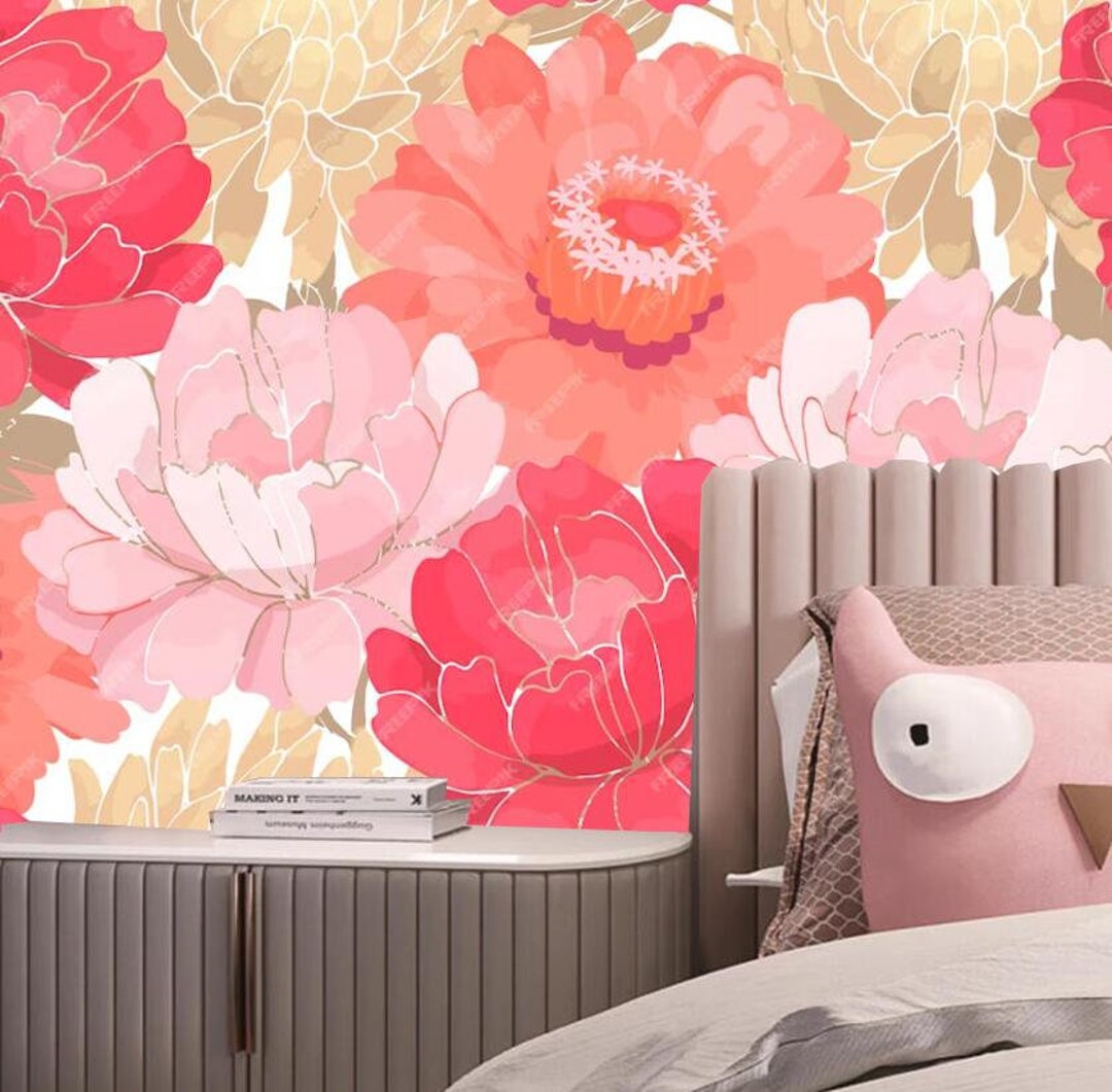 Watercolor Floral Wallpaper Mural: Pink Flowers, Kids Room Decor - Etsy
