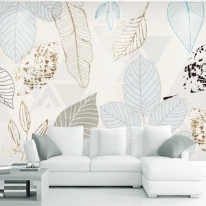 Carta da parati originale con foglie moderne, decorazione murale con foglie minimaliste astratte retrò nordiche