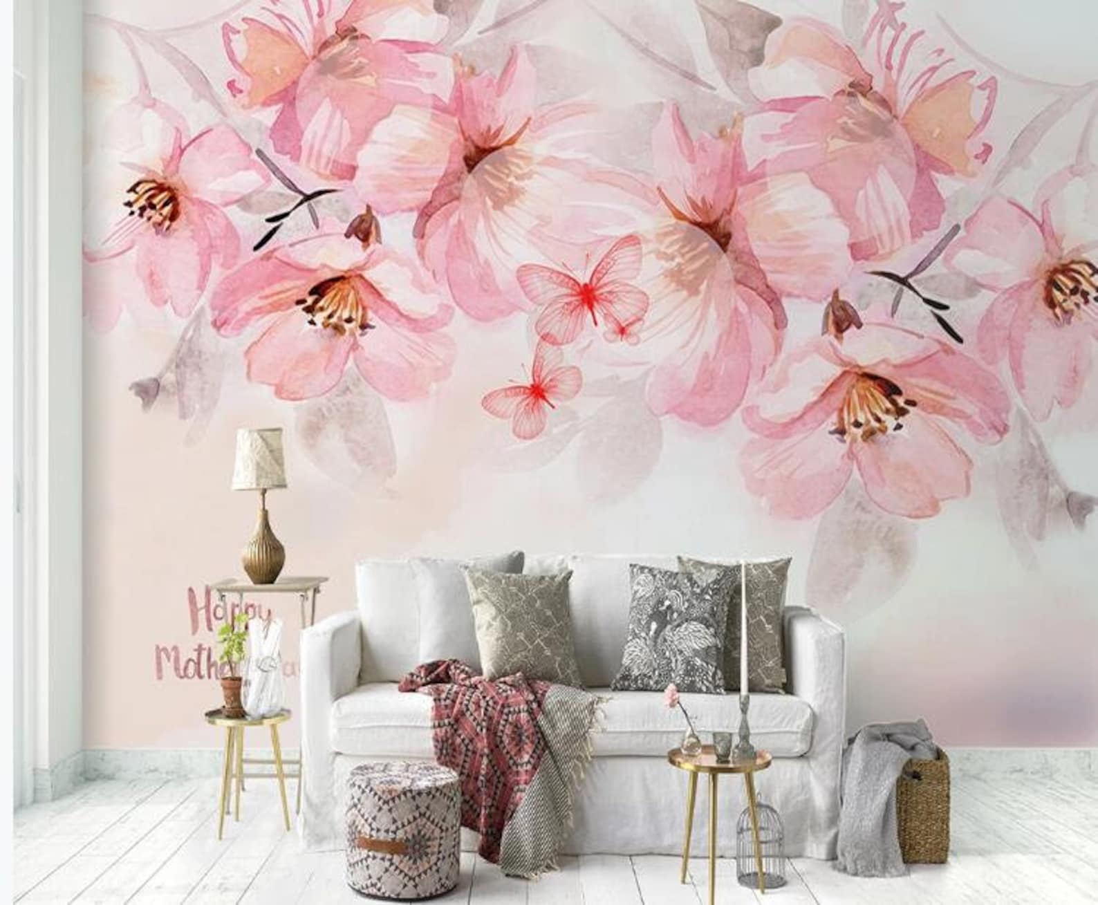 Watercolor Pink Blossom Floral Wall Mural - Hanging Flower Wallpaper - Etsy