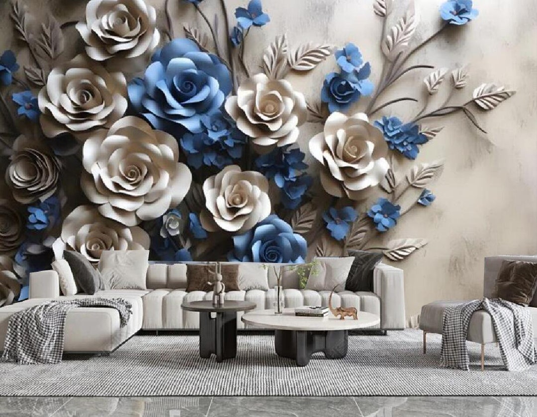 3D Blue Grey Flowers Wallpaper Wall Mural Flowers Roses Wall Etsy