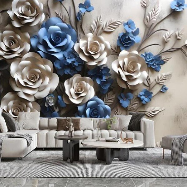 3D Blue Grey Flowers Wallpaper Wall Mural, Flowers Roses Wall Mural for Bedrom Living Room Wall Decor