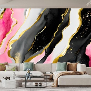 Pink Black Gold Marble Wallpaper, Abstract Watercolor Painting Marble Wall Mural