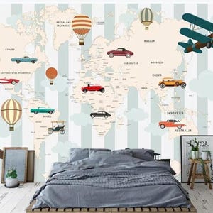 Schöne Cartoon Weltkarte Kinderzimmer Wandbild Wandbild, Weltkarte mit Cartoon Cars Heißluftballon Kind Kinderzimmer Wandbild Wanddekor