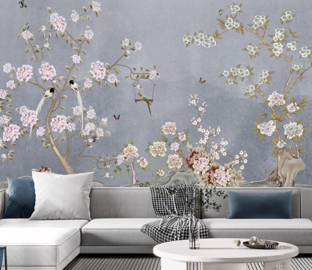 Chinoiserie Cherry Blossom Wallpaper: Floral Bird Wall Mural - Etsy