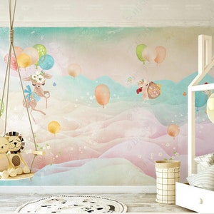 Mural de pared con papel pintado para habitación de niña, globos de dibujos animados de acuarela, ciervos, nubes rosadas