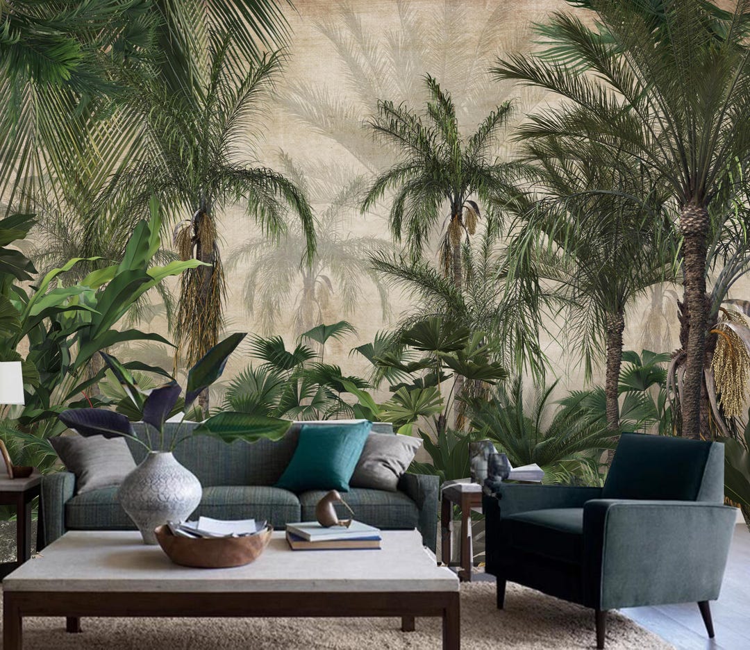 Tropical Palm Tree Wallpaper Mural: Rainforest Oil Painting Wall Decor