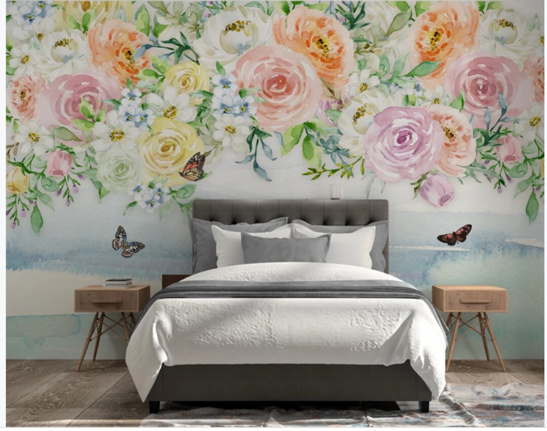 Watercolor Roses Floral Wall Mural: Nursery Living Room Decor - Etsy