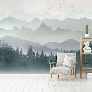 Foggy Mountains Forest Landscape Wallpaper Wall Mural, Misty Forest Scenic Landscape Wall Mural