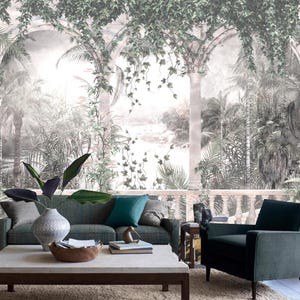 Tropical Leaves and Vines Print Wallpaper, Retro Vintage Column with Plants Scenery Wall Mural
