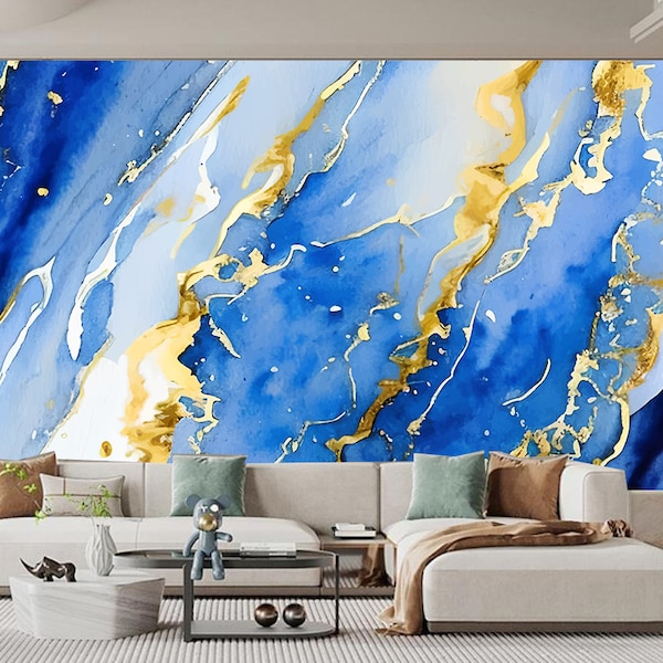 Abstract Blue Gold Marble Wallpaper, Watercolor Painting Marble Wall Mural Wall Decor