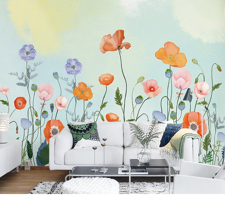 Handpainted Fresh Flowers Wall Murals Wall Stickers Warm Etsy